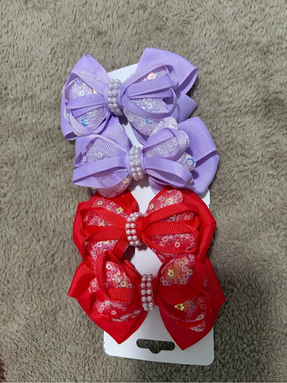 Girls Sequin Bow Hair Clips - Lavender and Red (2-Pack)